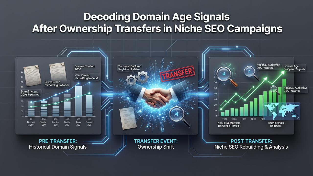 Diagram illustrating post-transfer domain history checks and signal weighting in SEO platforms